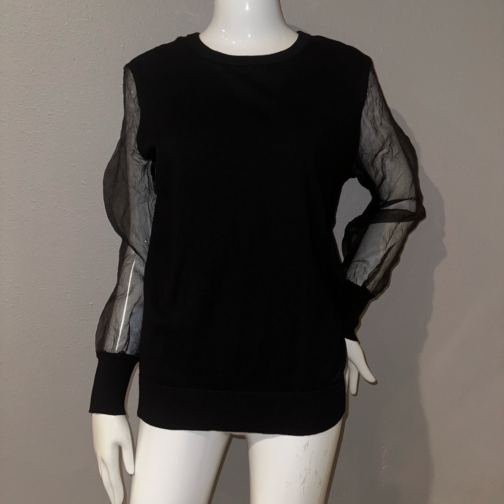 DKNY Women's Black Blouse with Sheer Sleeves
